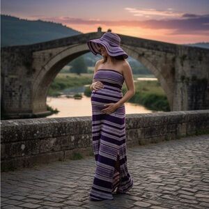 Motherhood L strapless navy and white striped Maxi dress with side slit at hem